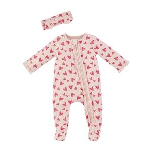 Mud Pie Valentine’s Day Pink Heart Footies with Bow Headband 3-6 Months
